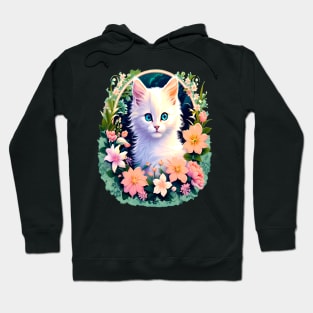 Beautiful White Kitten Surrounded by Spring Flowers Hoodie
